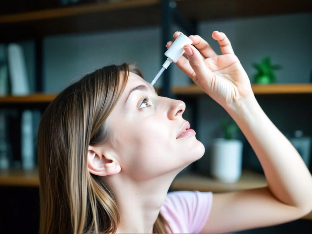 A woman applies eye drops.