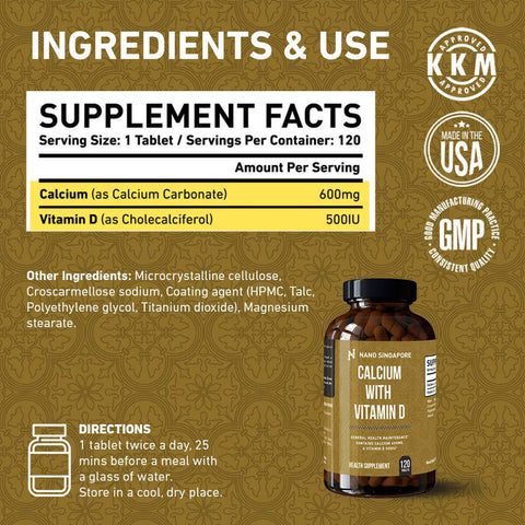 Pure Calcium 1200mg with Vitamin D - 120 CT | Calcium Tablet Nano Singapore